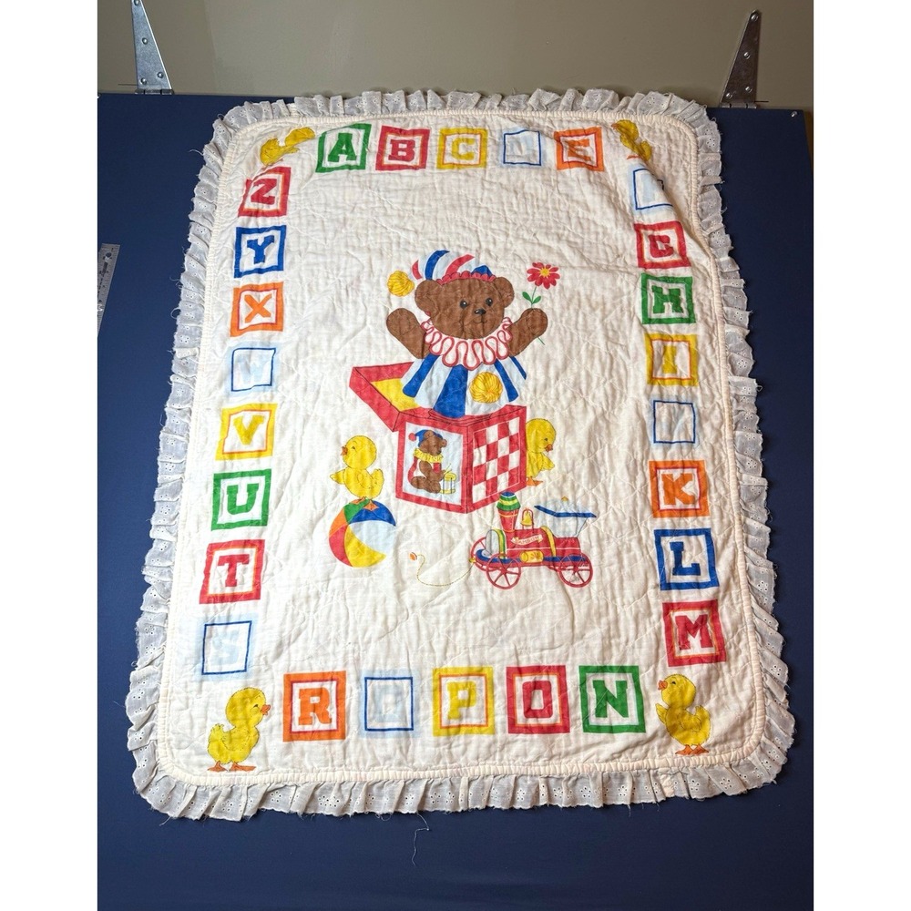 Crib Quilt Coverlet White/Multicolor Animal Alphabet Border Quilted Ruffled
